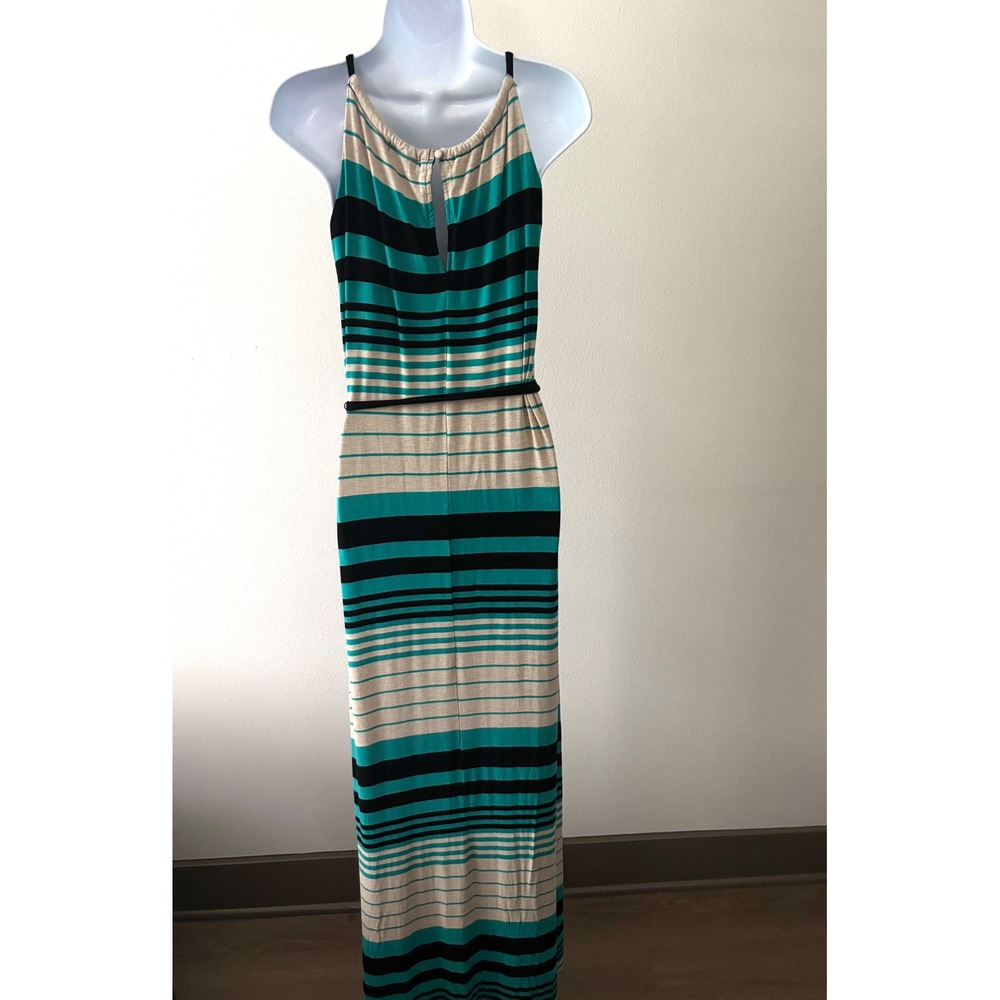 Resort Chic Striped Maxi Dress M Sculpting Side Panels Sleeveless Knit Keyhole - Picture 4 of 16